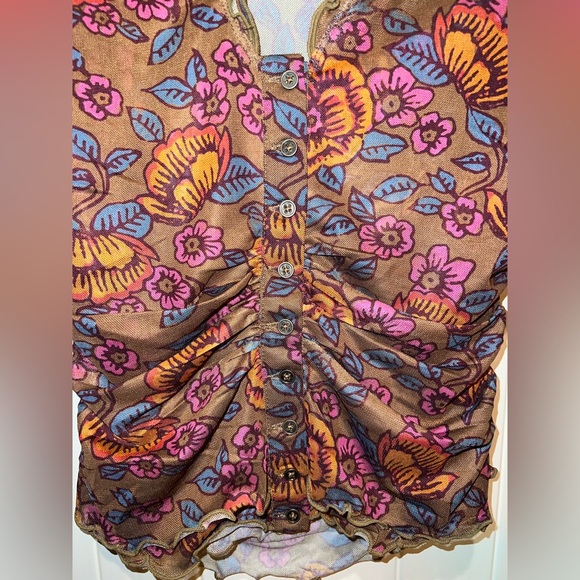NATURAL LIFE Floral Ruched Blouse - Brown, Pink, Blue - Picture 2 of 8